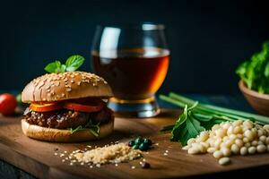 een Hamburger met groenten en een glas van wijn. ai-gegenereerd foto