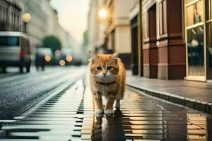 een kat wandelen Aan een stad straat in de avond. ai-gegenereerd foto