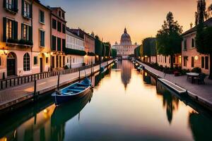 een kanaal in Venetië Bij zonsondergang met boten en gebouwen. ai-gegenereerd foto