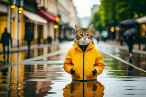 een kat vervelend een geel regenjas staand in een plas. ai-gegenereerd foto