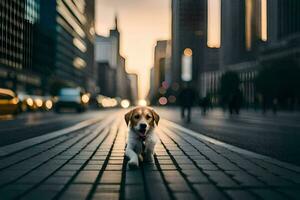 een hond wandelen naar beneden een stad straat Bij schemering. ai-gegenereerd foto