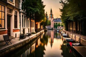 een kanaal met boten in de midden- van een stad. ai-gegenereerd foto