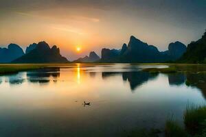 de zon sets over- een meer en bergen in China. ai-gegenereerd foto
