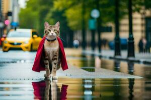 een kat vervelend een rood kaap wandelingen naar beneden een straat. ai-gegenereerd foto