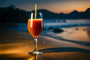 glas van oranje sap Aan de strand Bij zonsondergang. ai-gegenereerd foto