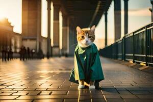een kat vervelend een groen jas staand Aan een steen loopbrug. ai-gegenereerd foto