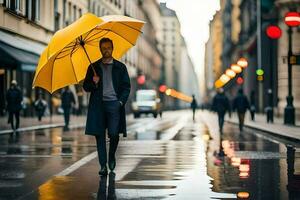 een Mens met een paraplu wandelen naar beneden een straat. ai-gegenereerd foto