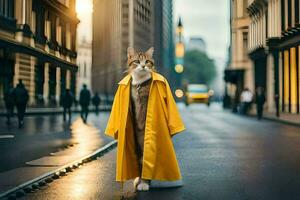 een kat in een geel jas wandelen naar beneden een stad straat. ai-gegenereerd foto