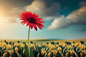 een rood bloem staat uit in een veld- van geel bloemen. ai-gegenereerd foto