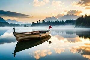 een boot zit Aan de water Bij zonsopkomst. ai-gegenereerd foto