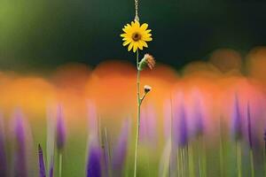 een single geel bloem is staand in een veld. ai-gegenereerd foto