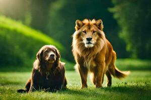 twee honden en een leeuw staand in de gras. ai-gegenereerd foto