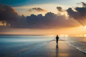 een Mens wandelen Aan de strand Bij zonsondergang. ai-gegenereerd foto