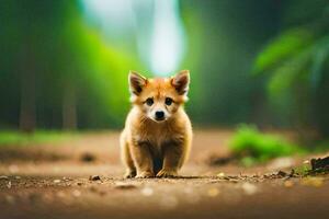 een klein bruin puppy is staand Aan een aarde weg. ai-gegenereerd foto