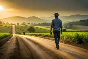 Mens wandelen Aan een weg in de platteland. ai-gegenereerd foto