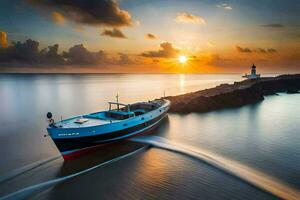een boot is het zeilen in de oceaan Bij zonsondergang. ai-gegenereerd foto
