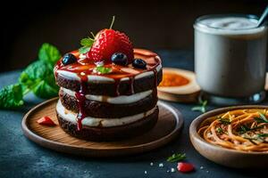 een stack van chocola taart met aardbeien en room. ai-gegenereerd foto