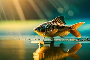een vis is staand Aan de water met de zon schijnt. ai-gegenereerd foto