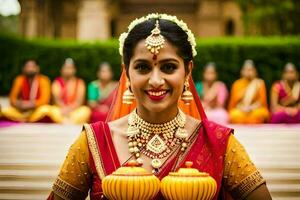 een vrouw in traditioneel Indisch kleding Holding een pot. ai-gegenereerd foto