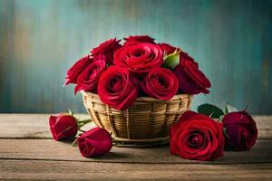 rood rozen in een mand Aan een houten tafel. ai-gegenereerd foto