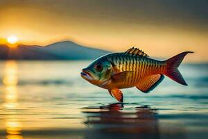 een vis is staand Aan de water Bij zonsondergang. ai-gegenereerd foto