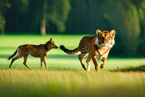 een tijger en een hert rennen door een veld. ai-gegenereerd foto