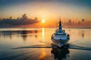 een boot op reis door de oceaan Bij zonsondergang. ai-gegenereerd foto