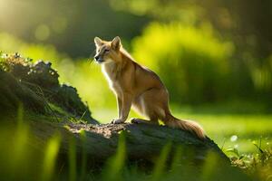 een rood vos zittend Aan een log in de gras. ai-gegenereerd foto