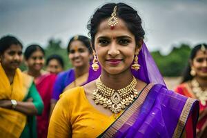 een vrouw in een kleurrijk sari met goud sieraden. ai-gegenereerd foto