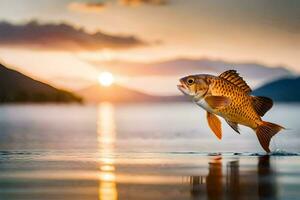 een vis jumping uit van de water Bij zonsondergang. ai-gegenereerd foto