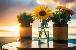 zonnebloemen in een vaas Aan een tafel met een zonsondergang in de achtergrond. ai-gegenereerd foto