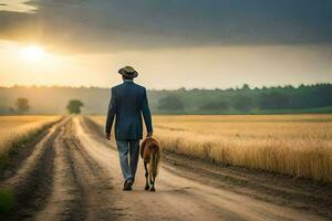 een Mens wandelen zijn hond Aan een aarde weg. ai-gegenereerd foto