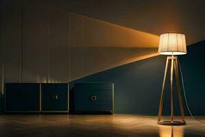 een lamp is Aan een houten verdieping in een kamer. ai-gegenereerd foto
