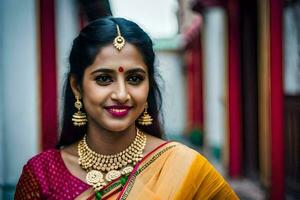 mooi Indisch vrouw in traditioneel sari. ai-gegenereerd foto