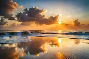 de zon stijgt over- de oceaan en golven Aan een strand. ai-gegenereerd foto