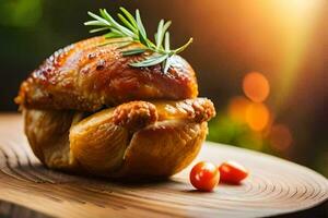 een kip verpakt in brood met tomaten en rozemarijn. ai-gegenereerd foto