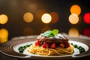 een bord van spaghetti met vlees en aardbeien. ai-gegenereerd foto
