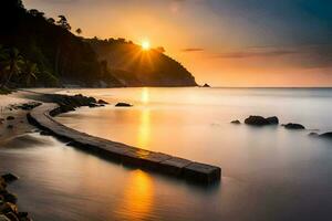 foto behang de lucht, zee, strand, zonsopkomst, de zon, de zee, de strand. ai-gegenereerd