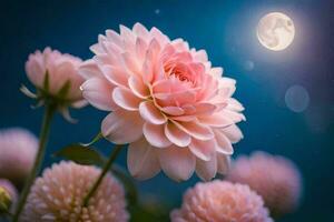 roze bloemen met de maan in de achtergrond. ai-gegenereerd foto