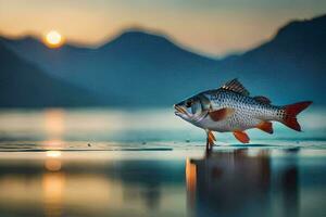 een vis is staand Aan de water Bij zonsondergang. ai-gegenereerd foto