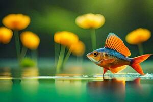 een vis is staand Aan de water met geel bloemen. ai-gegenereerd foto