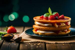 een stack van pannekoeken met aardbeien en room. ai-gegenereerd foto