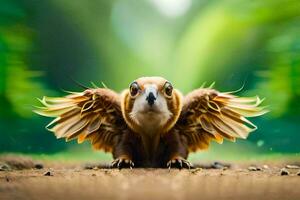 een vogel met Vleugels verspreiding uit Aan de grond. ai-gegenereerd foto