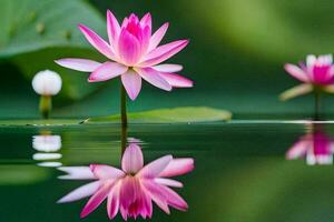 roze lotus bloemen in de water met groen bladeren. ai-gegenereerd foto