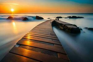 een houten promenade Leidt naar de oceaan Bij zonsondergang. ai-gegenereerd foto