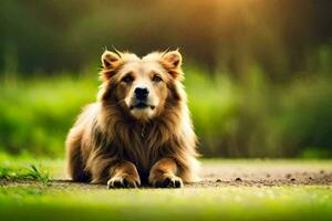 een hond zittend Aan de grond in de zon. ai-gegenereerd foto