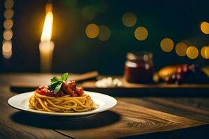 spaghetti Aan een bord met tomaat saus en vlees Aan een houten tafel. ai-gegenereerd foto