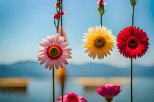 kleurrijk bloemen hangende van een draad in voorkant van een meer. ai-gegenereerd foto