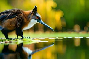 een vogel met een lang bek staand Aan de water. ai-gegenereerd foto