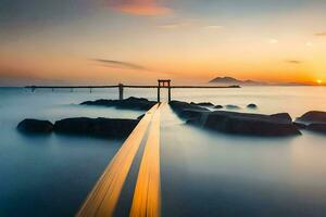 een lang blootstelling fotograaf van een pier in de oceaan. ai-gegenereerd foto